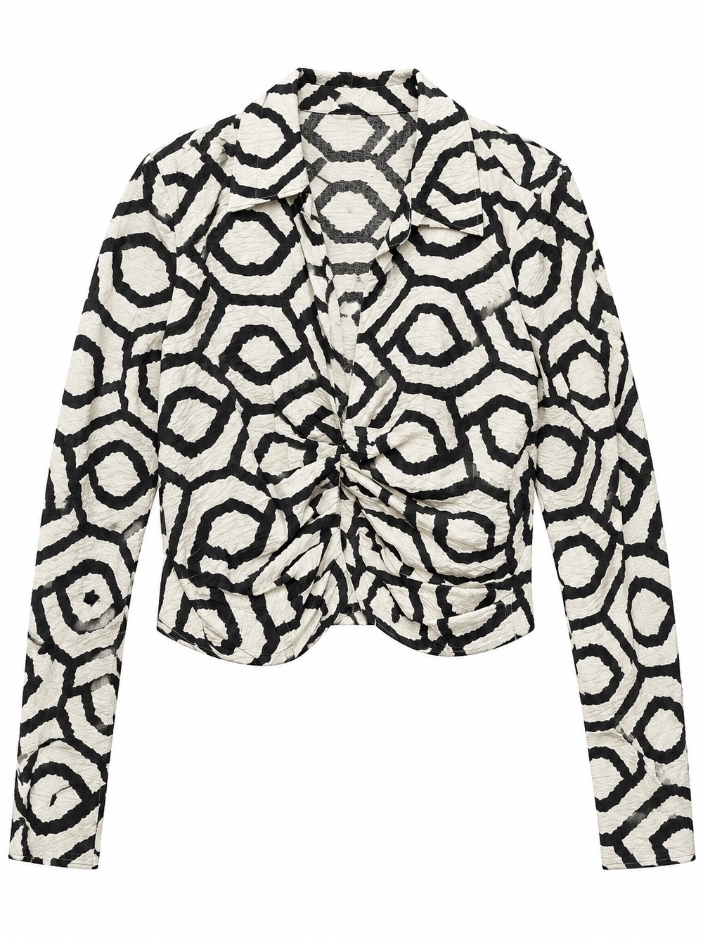 H&M Black Cream Geometric Ruched Crop Shirt L